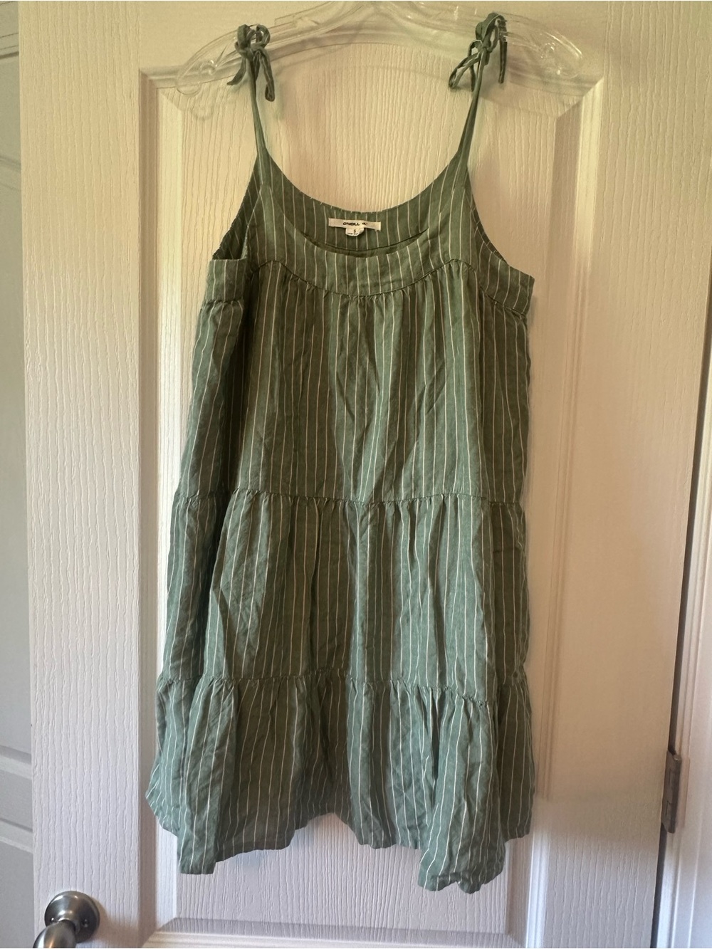 O'Neill Green Pinstripe Tie-Shoulder Tiered Mini Dress